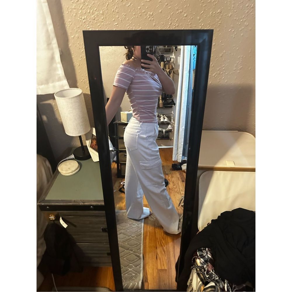 SHEIN Rib Knit Off Shoulder Striped Pink and White Crop Top Medium